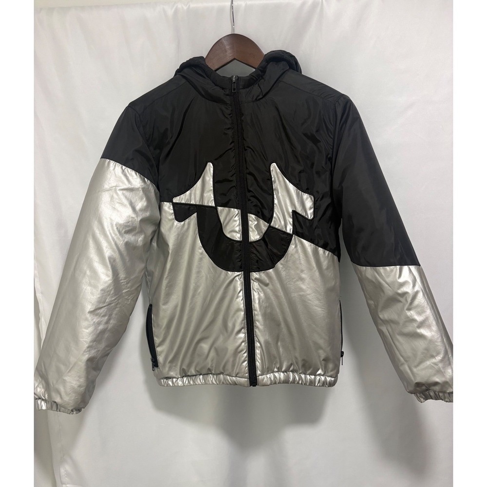True Religion Boys Medium Hooded Bomber Jacket Black Silver Metallic Horseshoe